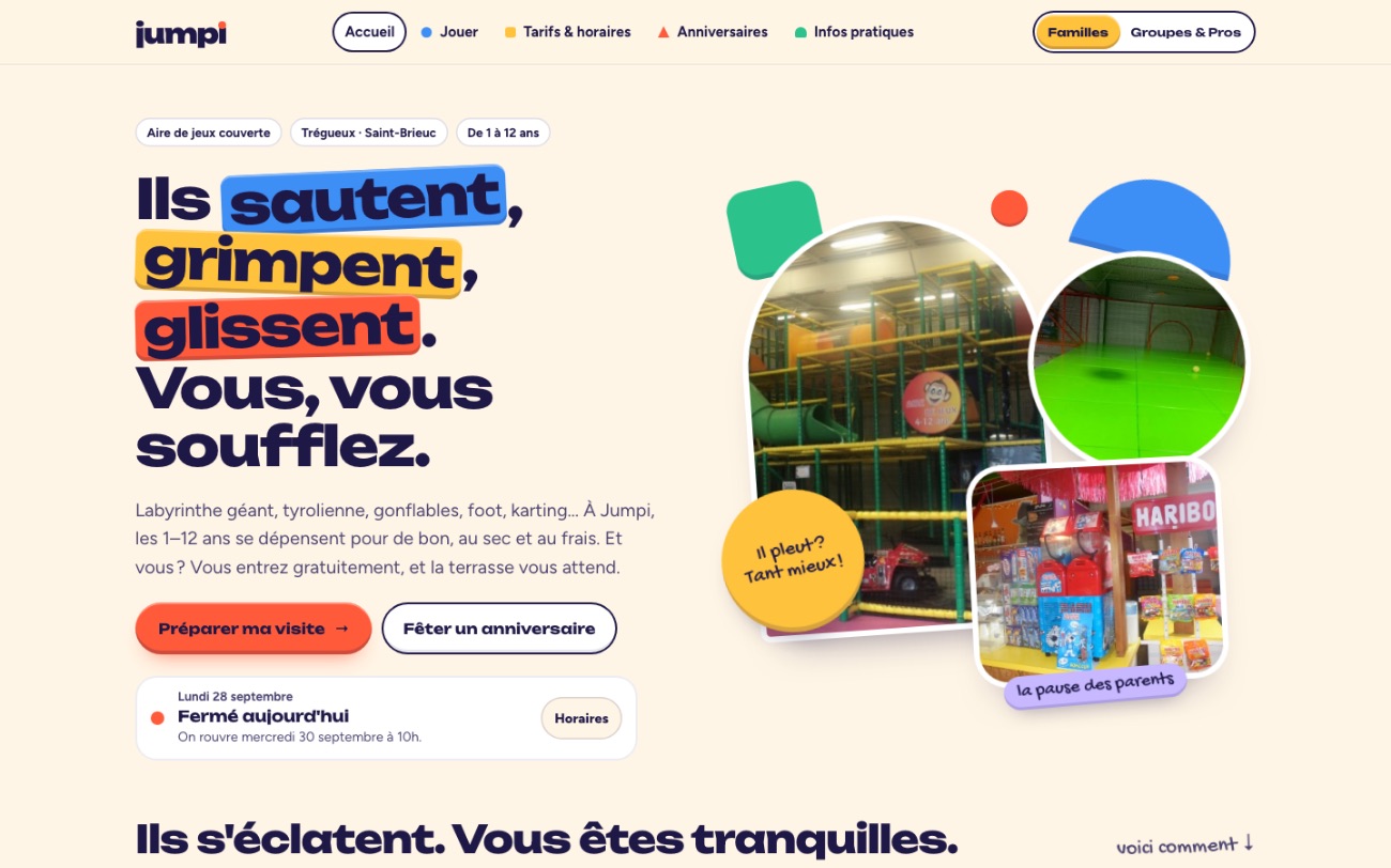 Le site Jumpi après la refonte : hiérarchie claire, horaires en direct, réservation visible