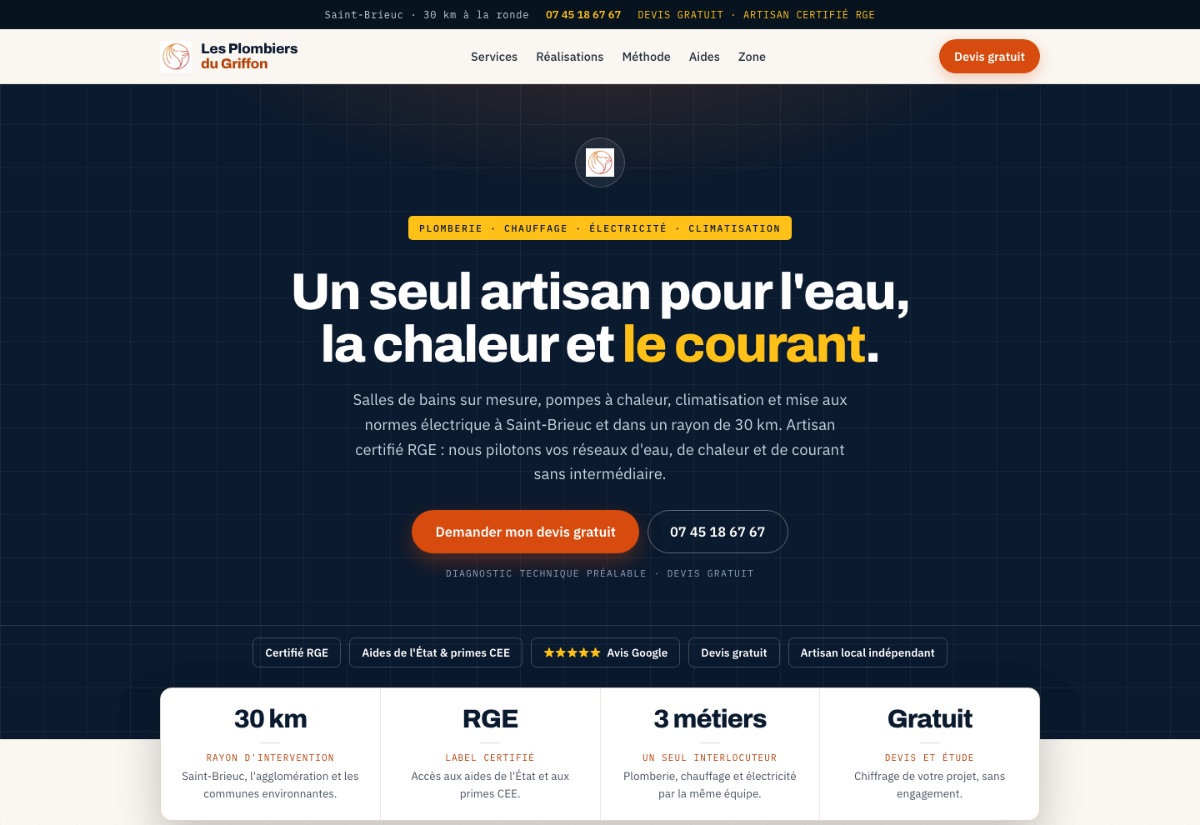 Page d'accueil du site Les Plombiers du Griffon