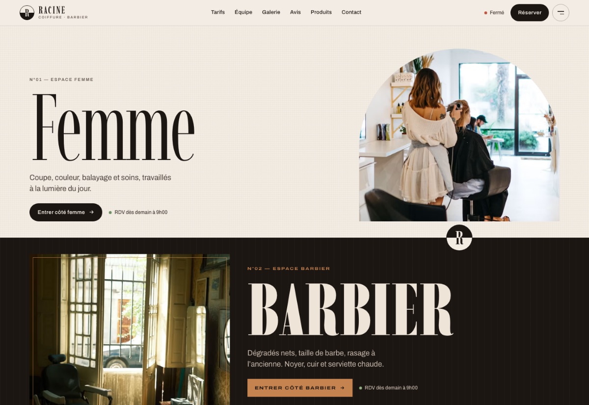 Page d'accueil du site Racine, coiffure et barbier